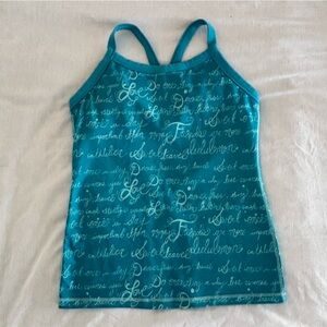 Lululemon Racerback Tank Top Built In Bra Teal Script Print Approx Size 4